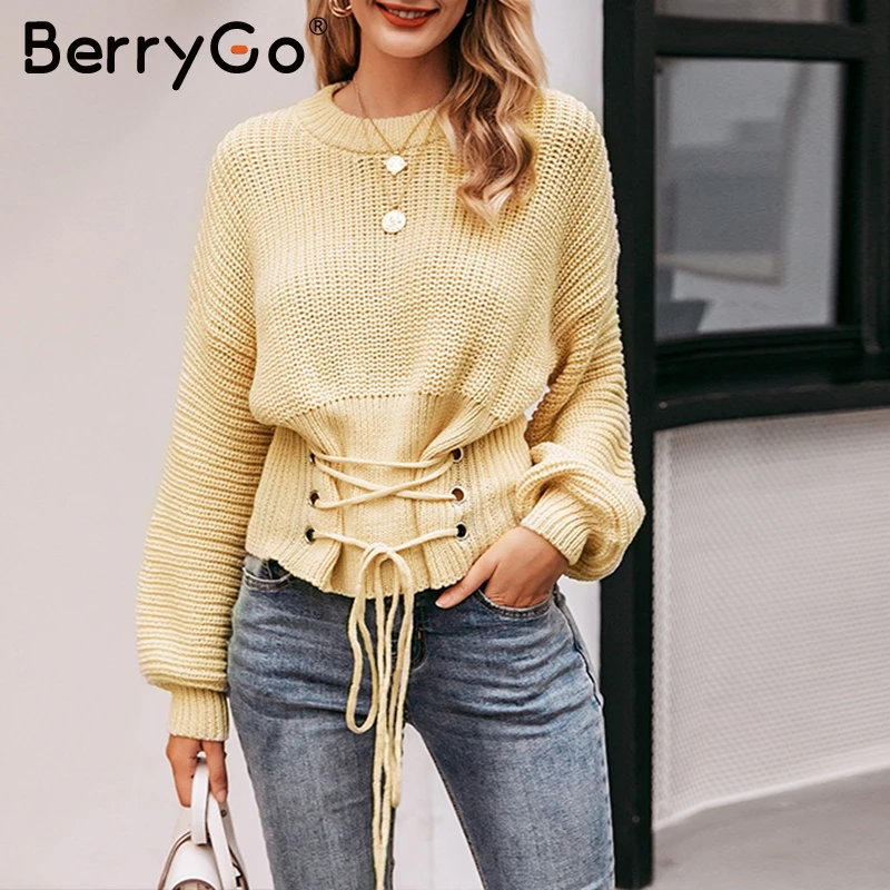 BerryGo Lace up waistband knitted pullover sweater Women black warm long sleeve jumper Autumn winter 2017 knitting pull femme | Женская