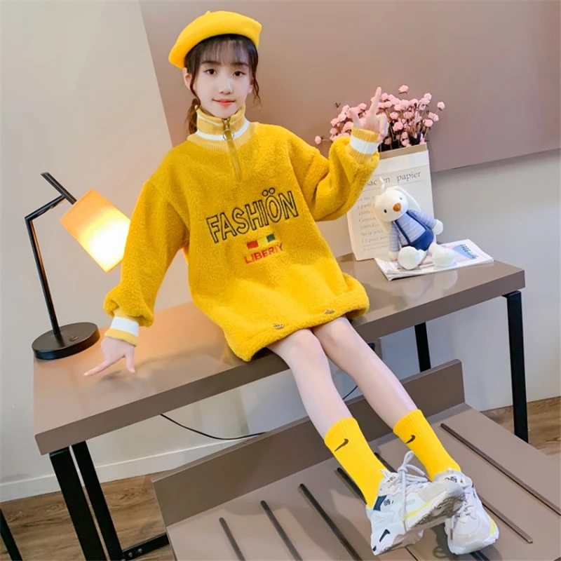 

Fashion Winter Warm Clothes Girls Sweater Kids Plus Velvet Toddler Teens Tops Thicken Children Cute Letter High Quality Gift