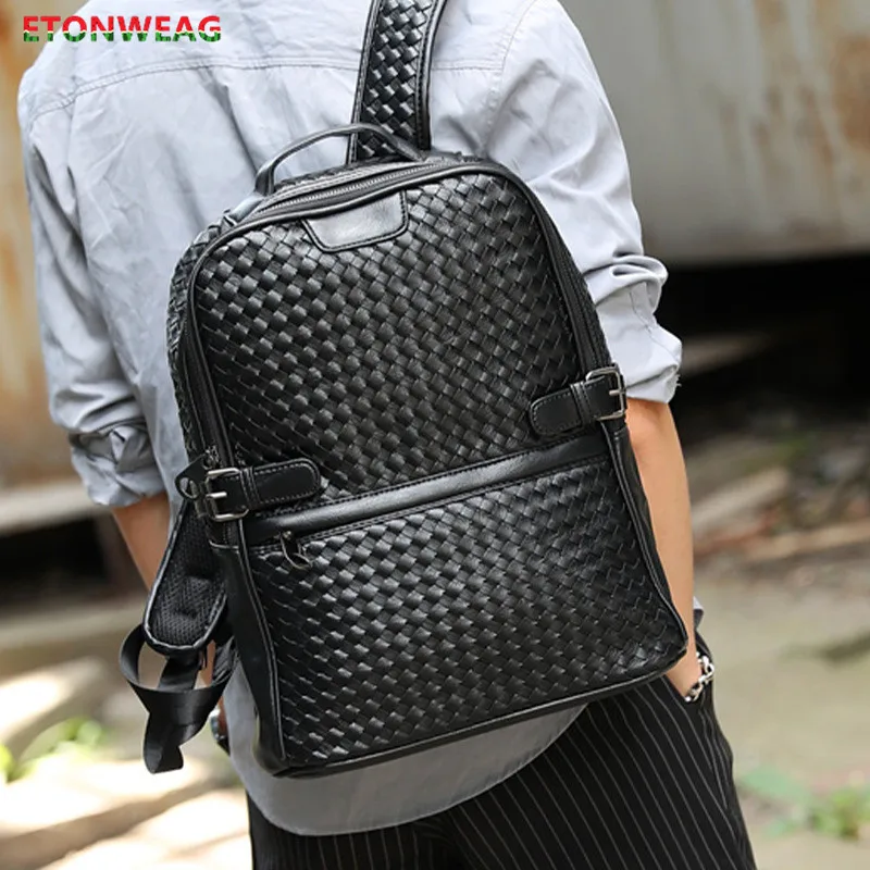 

2021 Casual Weave Men's backpack Solid black Leather School backpack fashion knit Women's Backpacks man Computer laptop bag pack