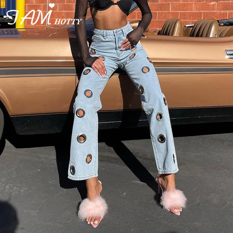 

IAMHOTTY Eyelet Ripped Hollow Out Y2K Straight Jeans Women High Waist Denim Trousers Baggy Mom Jeans Fairycore Grunge Pants 90s