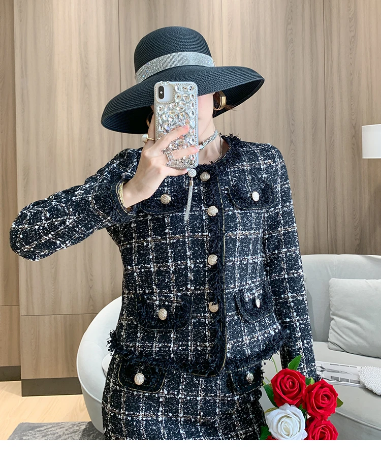 

2020 Autumn Winter Runway Suit Set Women's Elegant Long Sleeve Tweed Woolen Jacket Coat Mini Bodycon Skirt Set 2 Pieces Set