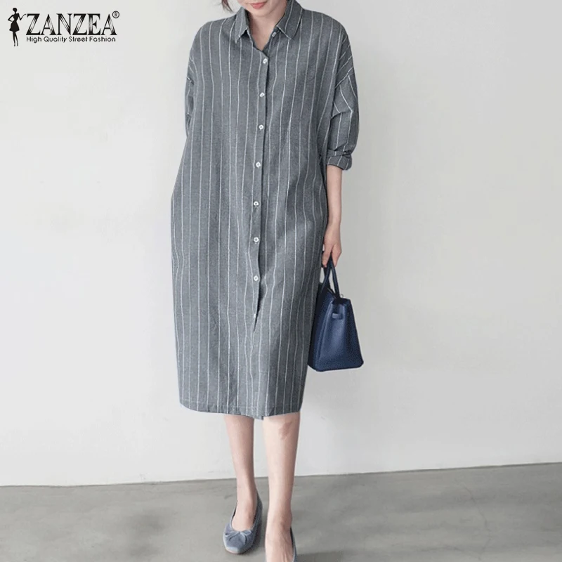 

Элегантное женское платье-рубашка, Осенний сарафан в полоску, 2021, ZANZEA, винтажное, с отворотом, с длинным рукавом, на пуговицах, миди, Vestidos, Robe ...