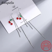 fanqieliu creative cherries leaf long chains real 925 sterling silver drop earrings for women vintage jewelry girl gift fql21461