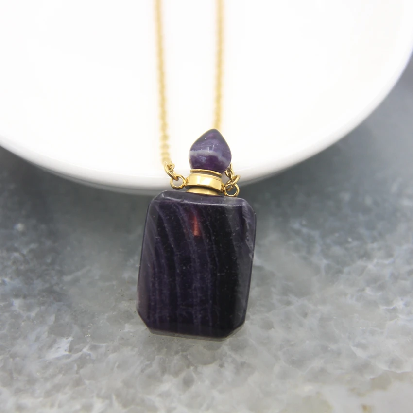 Rainbow Fluorite Rectangle Perfume Bottle Pendants Necklace,Golded/Silvery Chains,Natural Quartz Essential Oil Diffuser Vial