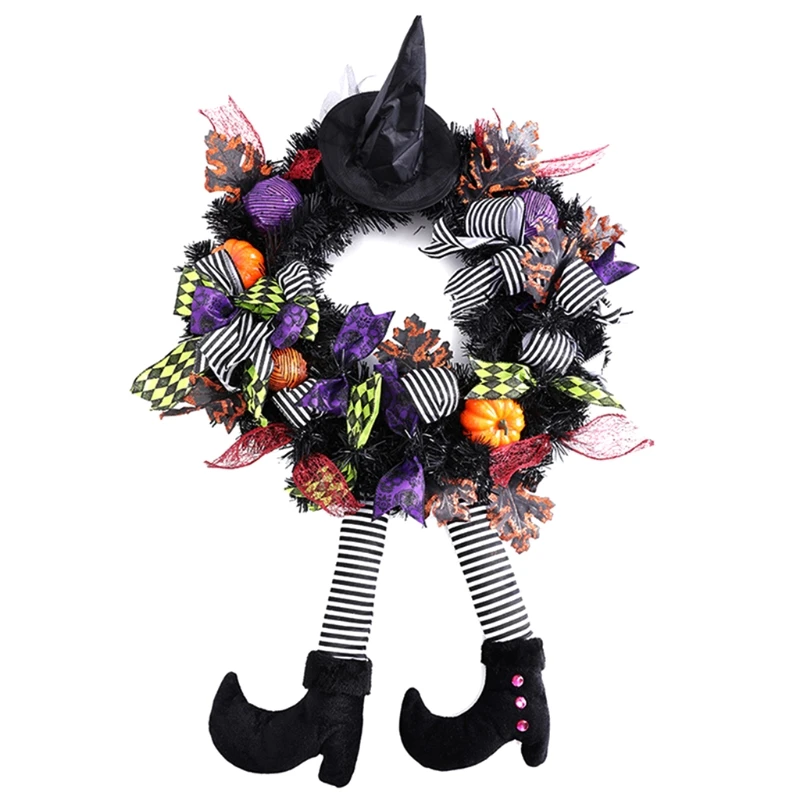 

Halloween Wreath with Witch Legs Hat Pumpkin Artificial Maple Leaves Front Door Hanging Garland Festival Party Supplies