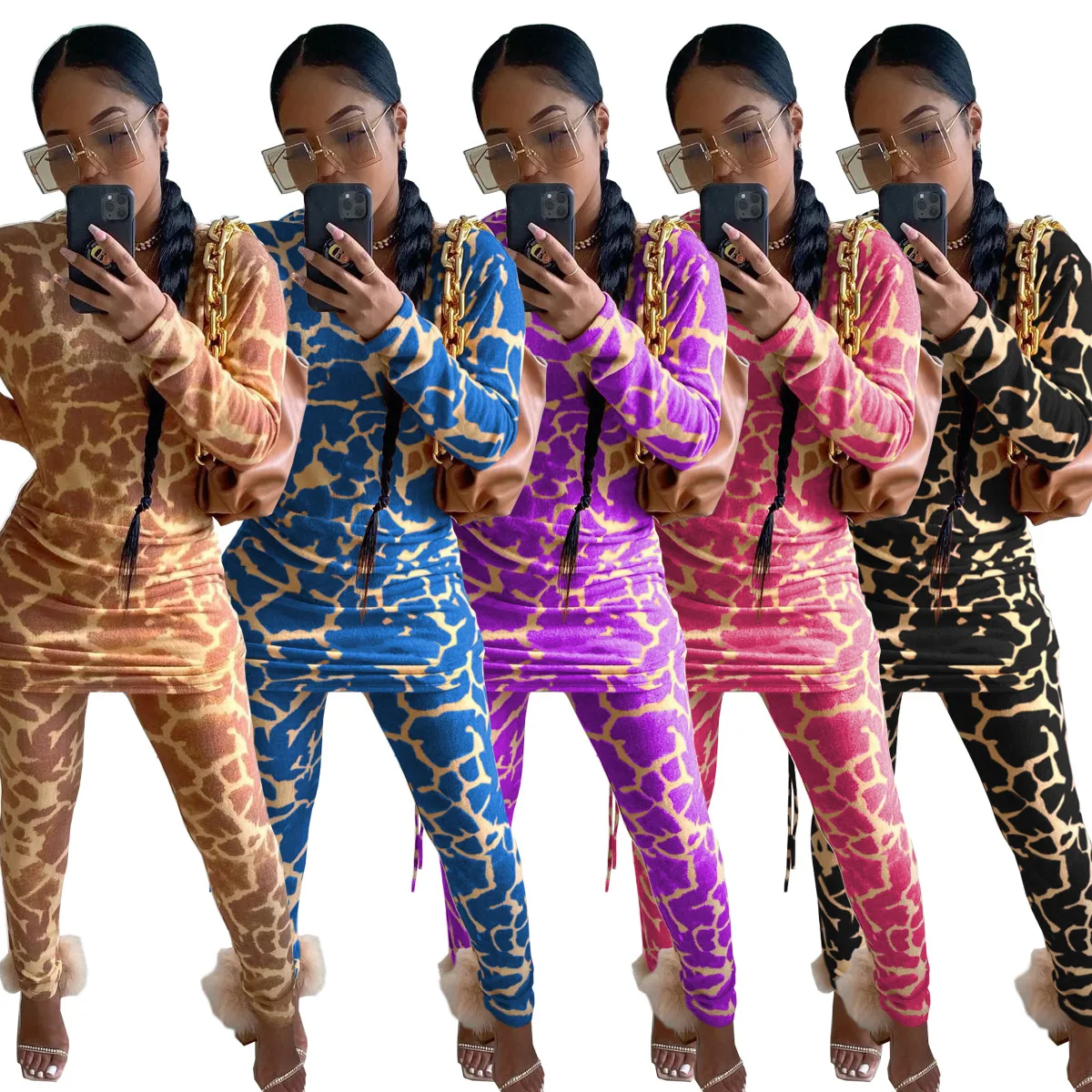 

Повседневный осенне-зимний костюм с принтом, топ с круглым вырезом и длинным рукавом с рюшами и длинные брюки, комплект из двух предметов, од...