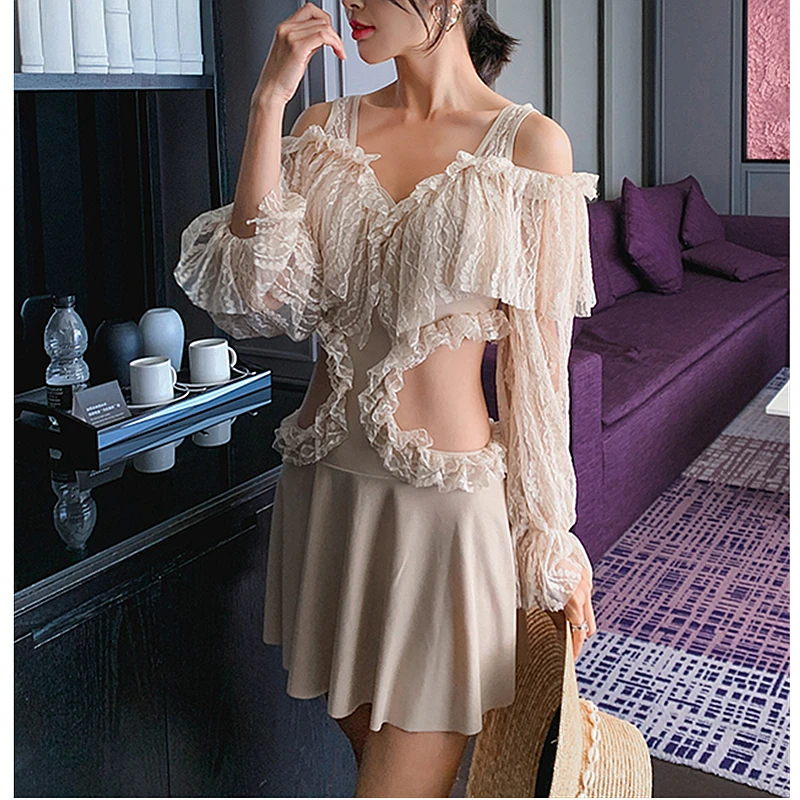 FGHFU кружевная юбка с длинными рукавами и перекрестной спинкой купальник 2020 XS L