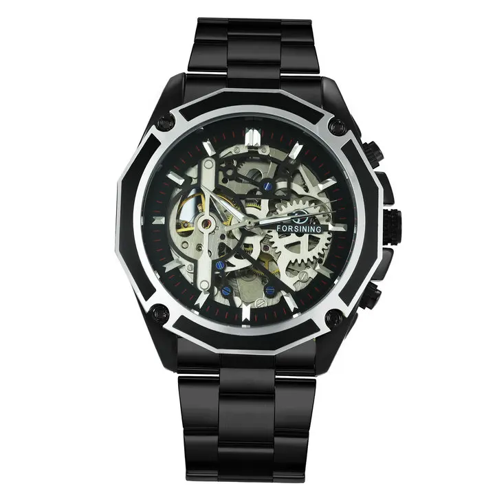 BLACK SILVER FORSINING, деловые часы для мужчин, авто механические, для мужчин, s Wataches, лучший бренд, люкс класс, золотой Стальной ремешок, скелет, хип-хоп, панк, наручные часы - Цвет: BLACK SILVER