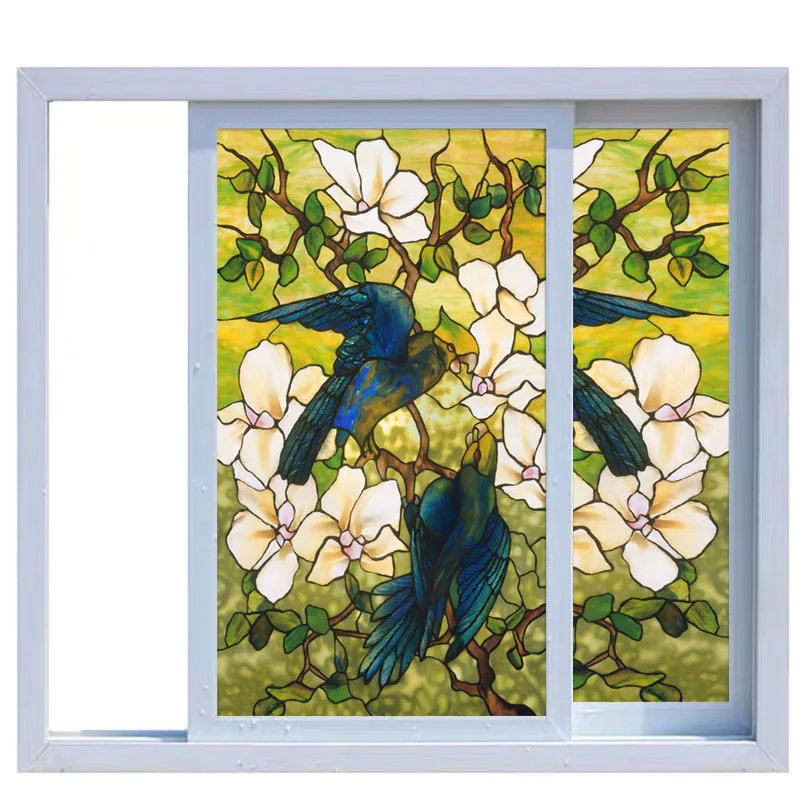 European Church Tiffany Style Glass Film Stained Window Films Opaque Static Cling Privacy Custom Size Stickers Hibiscus Parrots | Дом и сад