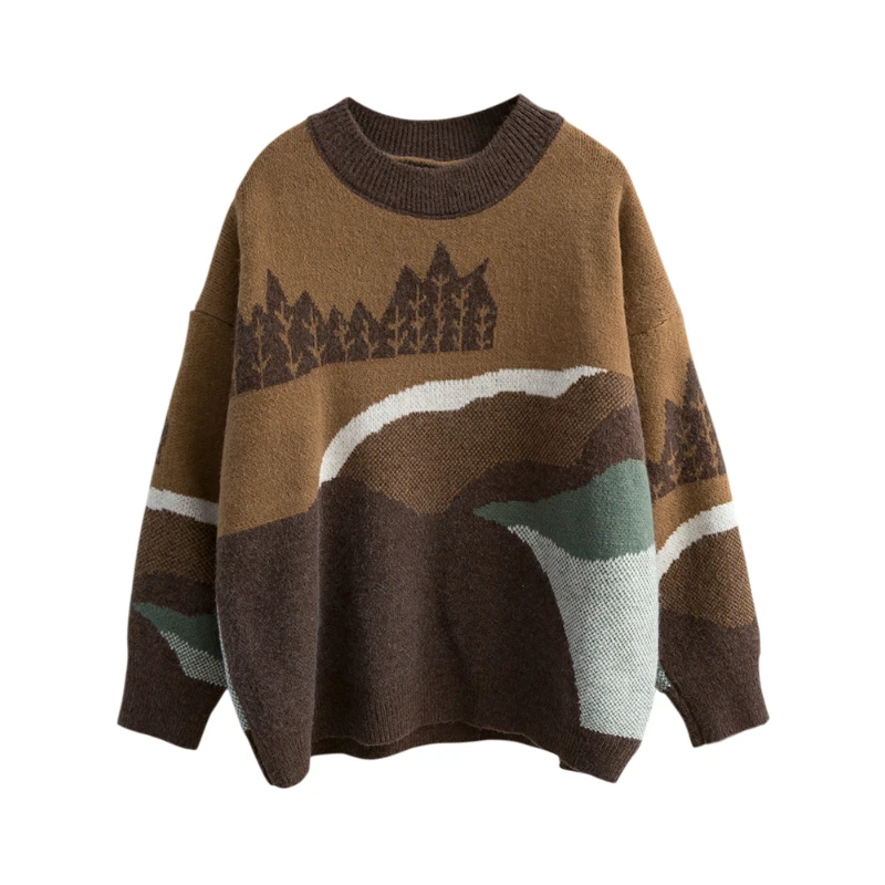 

Cartoon Embroidery Jacquard Casual Knitted Pullover Women Sweaters 2021 Summer Vintage Full Sleeve Round neck Korean Female Tops