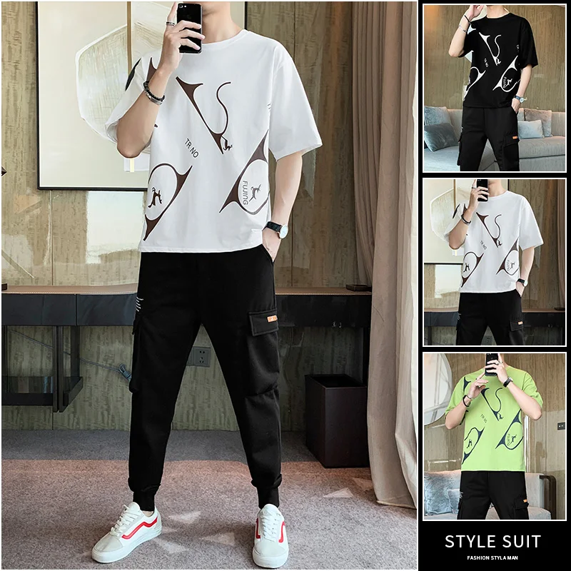 

Summer Mens Sets Short Sleeve Print Tracksuit Men Sportswear Casual 2 Pieces Set T-Shirt+trousers Male Clothes Slim Sports Suits