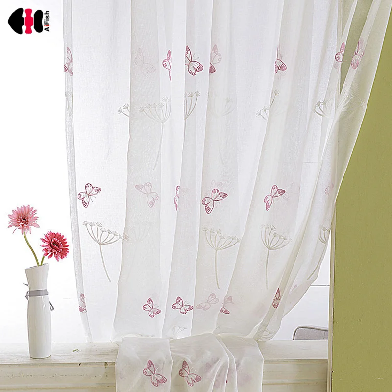 Butterfly Embroidered Voile Curtains Kids Children Bedroom Cartoon Countryside Delicate Sheer Window Treatment Drapes P266C | Дом и сад