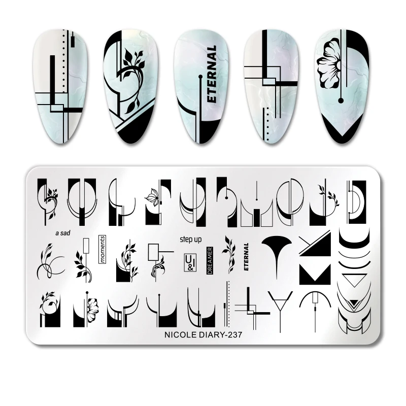 NICOLE DIARY Artists Marble Nail Stamping Plates Geometric Lines Stamp Template Flower Leaf Image Printing Stencil DIY Mold | Красота и