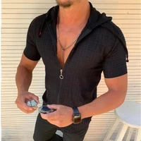men casual solid color short sleeve tops zipper hooded blouse shirts tees summer european and american new mens casual fitness