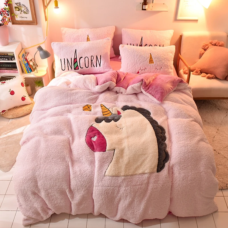 Мультяшный Единорог кролик вышивка бархатный фланелевый Детский Комплект