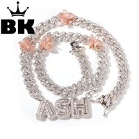 the hiphop name necklace 9mm cuban chain with pink butterfly baguettecz letters full iced out zircon pendant gift hiphop jewelry