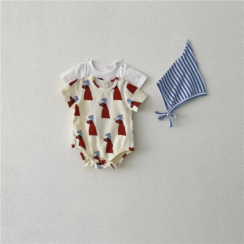 

Детское хлопковое боди с короткими рукавами, мягкое боди с мультяшным рисунком для новорожденных мальчиков и девочек, с шапочкой, лето 2021