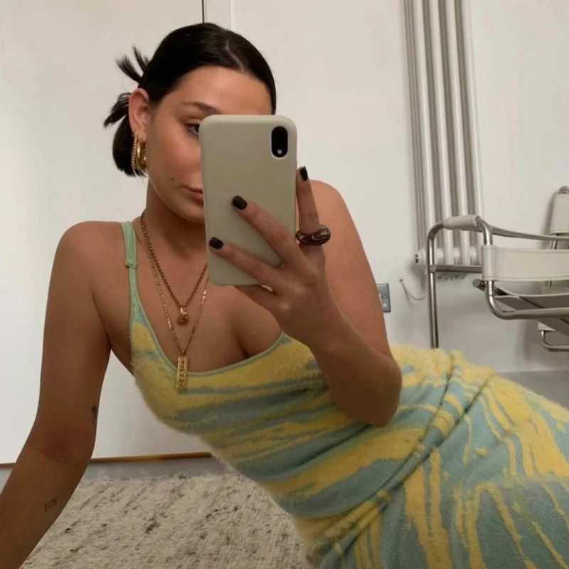 

2021 Summer Women Print Knit Mid Calf Dress Lady Y2K Beach Bodycon Sleeveless Square Collar Spaghetti Strap Party Midi Dresses