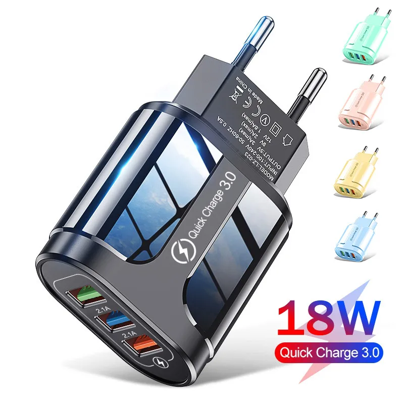 

QC 3.0 USB Charger Fast Charge 3 Ports EU US Plug Adapter Travel Wall Charging Mobile 18W For iPhone 12 11 Samsung Xiaomi mi 10