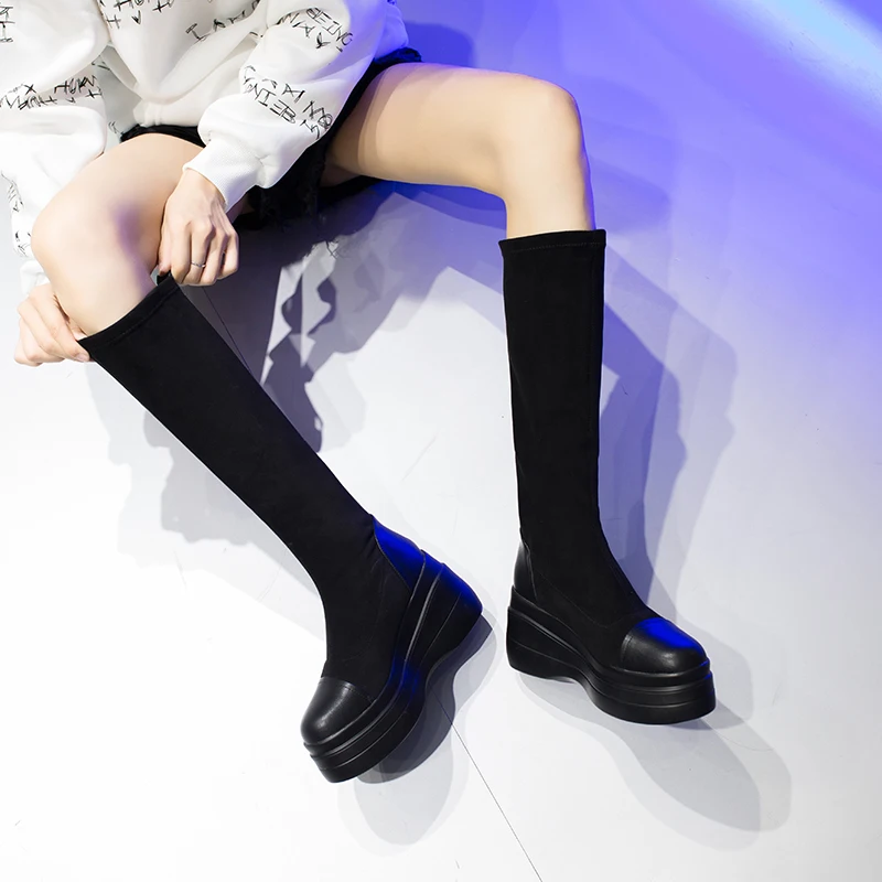 Сапоги до колена на танкетке 8 5 см женская обувь повседневные эластичные высокие