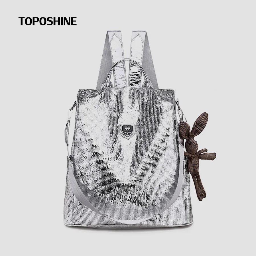 

Toposhine 2021 New Casual Women Backpacks PU Leather Anti-Theft Black Backpack Girls School Shoulder Bag With Bear Black/Silver