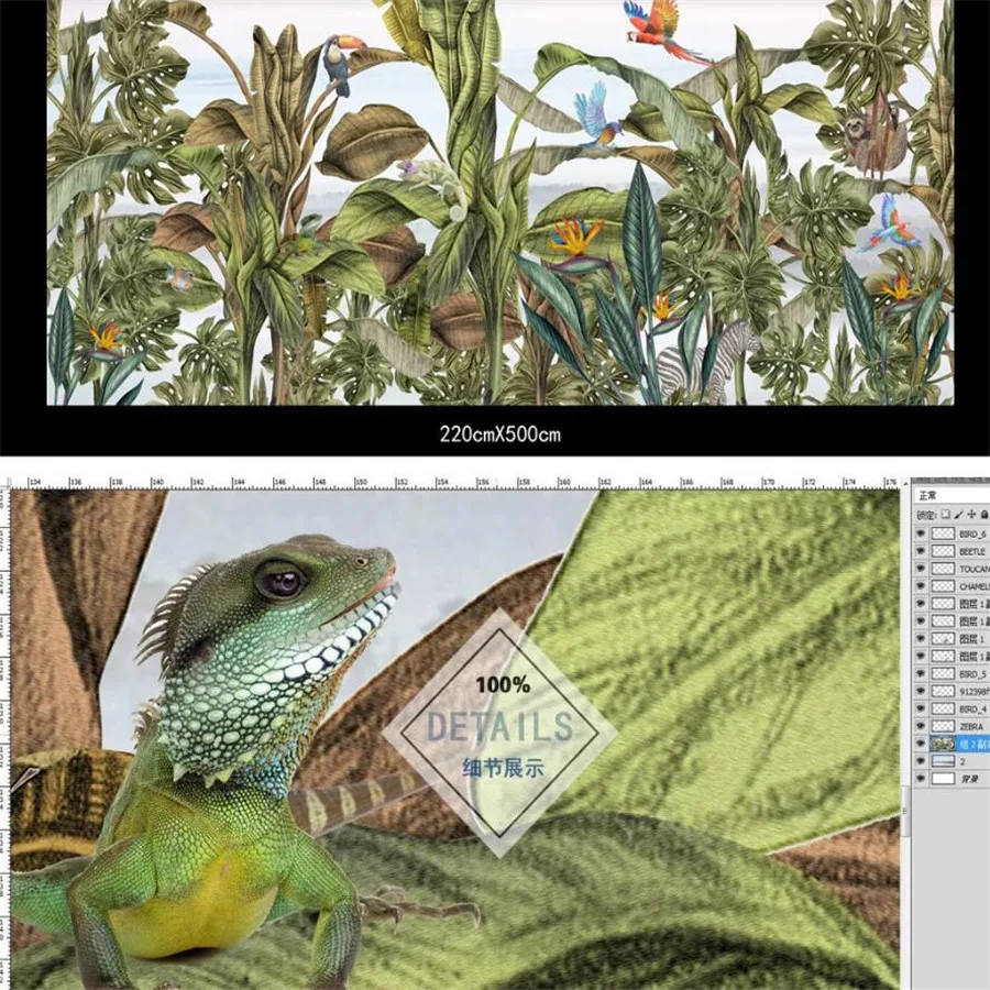 Настенные роскошные декорации с большими тропическими растениями, цветами и птицами в лесу животных, созданные на заказ в 3D.