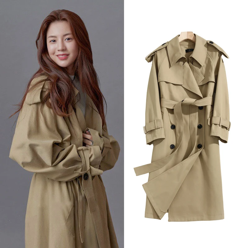 

High-Quality Fashion Double-breasted Belted Windbreaker Loose Simple Vintage Ladies Trench Coat Spring Fall Overcoat Female