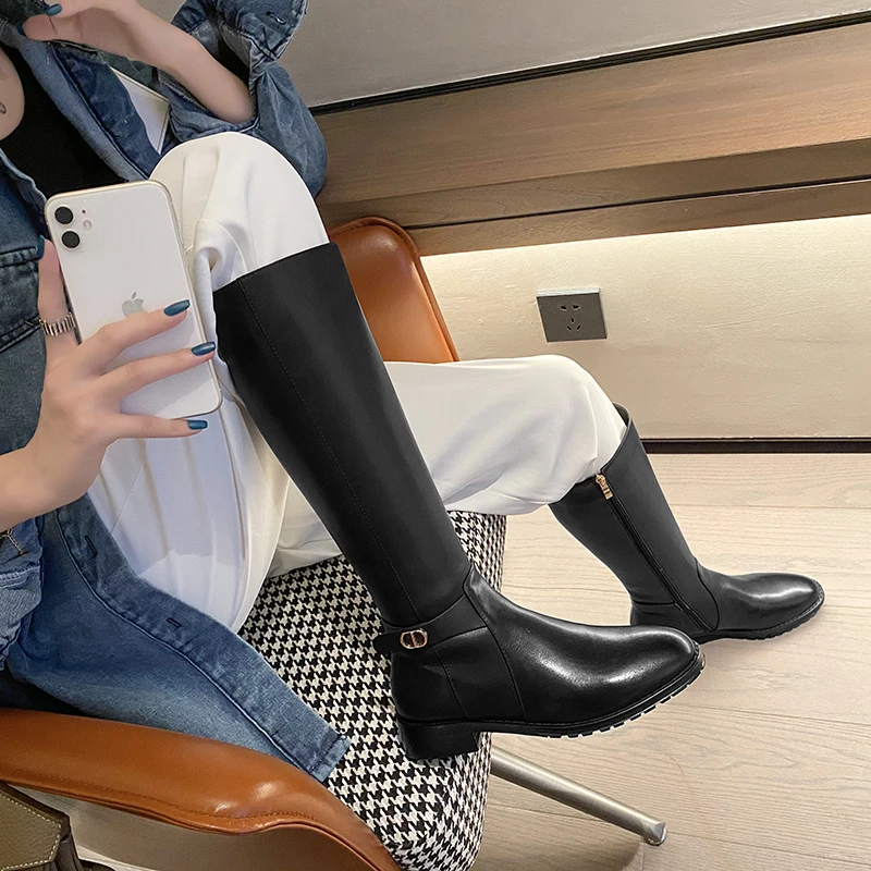 

2021 New Winter Women Knee High Boots Real Leather Woman Long Boots Fashion Shoes Woman Warm Daily Footwear Riding Equestrian