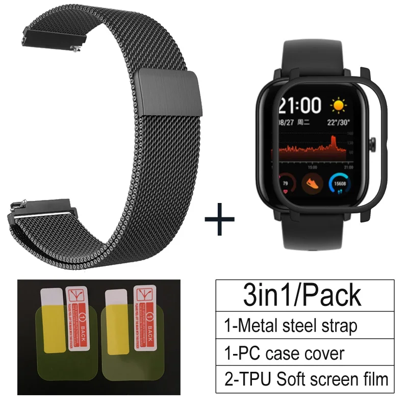 black-black 3 в 1 Аксессуары для Amazfit GTS ремешок с чехол металлический Миланский Браслет для Huami Amazfit GTS Band Защитная пленка для экрана - Цвет: black-black