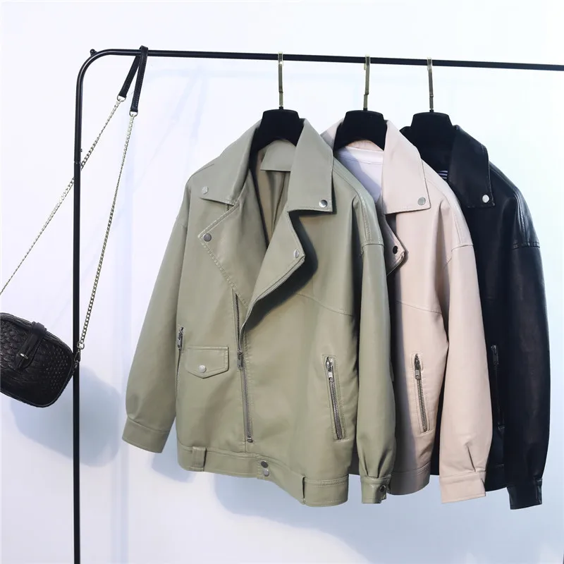 

Jacket Autumn Women Faux Leather Jacket Casual Loose Soft Pu Motorcycle Punk Leather Coat Female Zipper Rivet Outerwear Coatlady