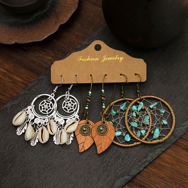 

Boho Multicolor Drop Earrings Set For Woman Wedding Vintage Geometry Big Round Hollow Flower Crystal Hanging Earrings Jewelry