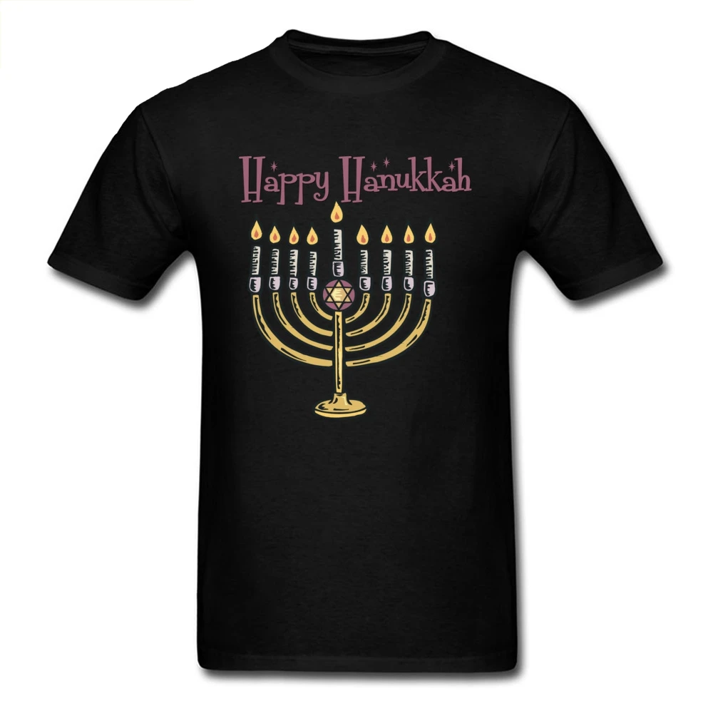

Happy Men T-shirt Black T Shirts Menorah Hanukkah Print Tops Art Symbolism Adult Clothing Slim Fit Black Tees Cotton Fabric