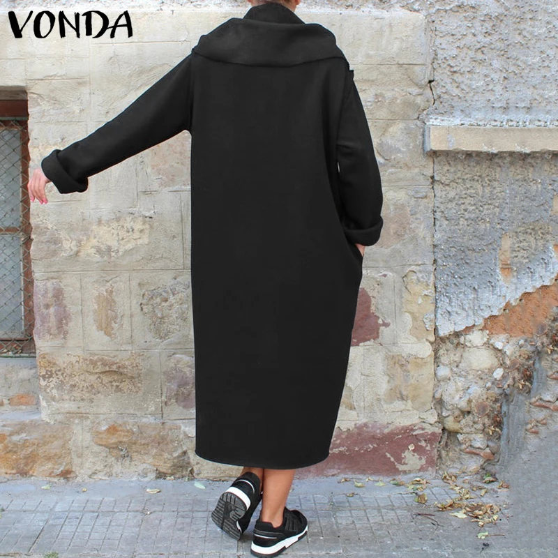 Осеннее платье с капюшоном и длинным рукавом VONDA, Женское зимнее однотонное повседневное Свободное длинное платье Vestidos, женское платье размера плюс 5XL