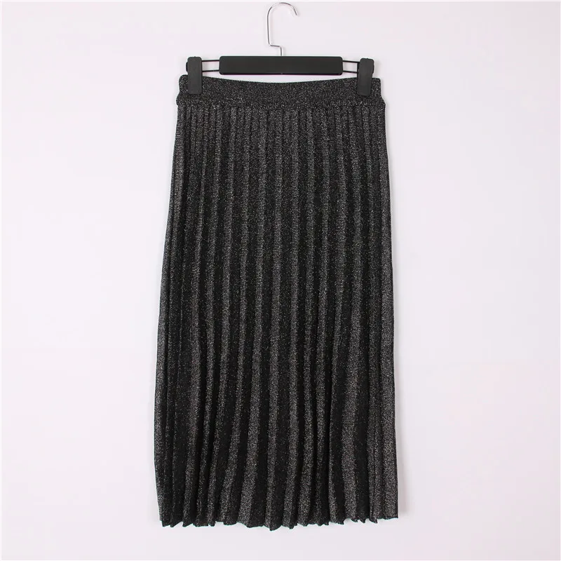 Korean Lurex Pleated Skirts Women Summer Knitted Midi Skirt Shiny Solid Ladies Party High Waist Bottoms Holiday | Женская одежда