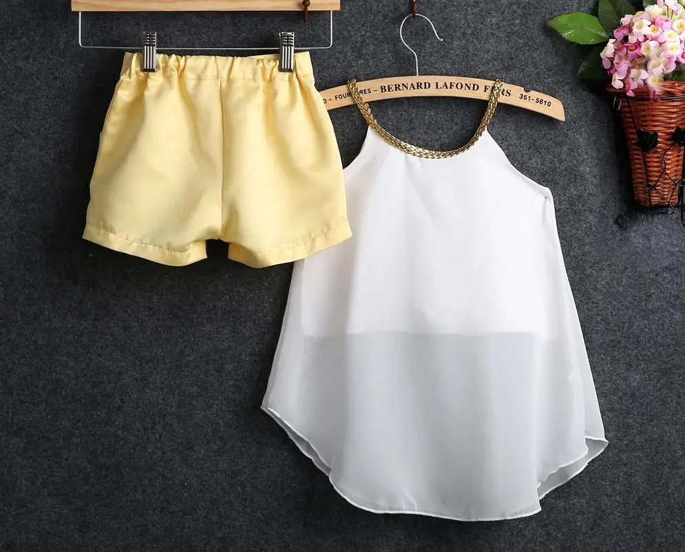 

Summer Two Piece Clothes Set Children Baby Girl Outfits Kids Chiffon Top Shirt+Yellow Shorts Pants Little Girls Clothing Set