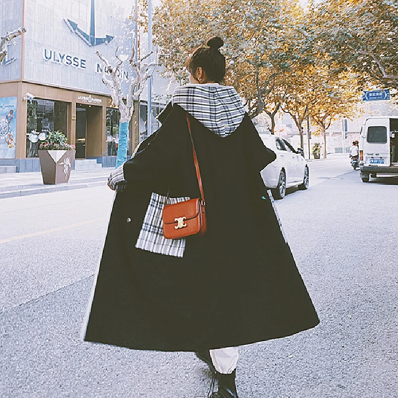 

Популярное шерстяное черное пальто с прострочкой Женская Корейская версия Новинка Осень-зима 2021 повседневное нежное подходящее ко всему Ж...