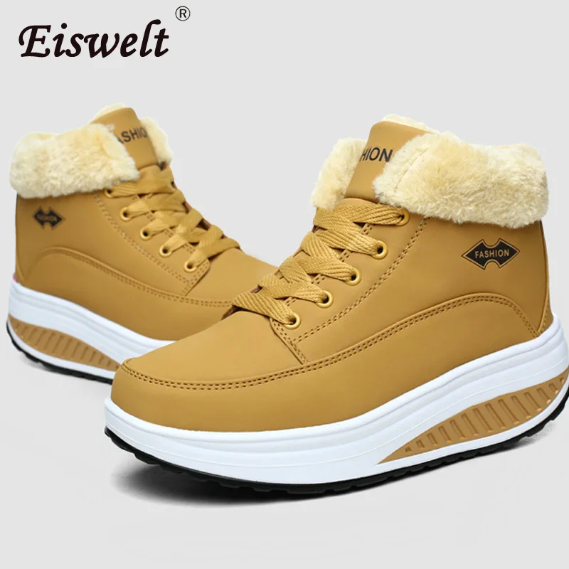 EISWELT/зимние женские ботинки ботильоны на платформе зимние танкетке с плюшевой