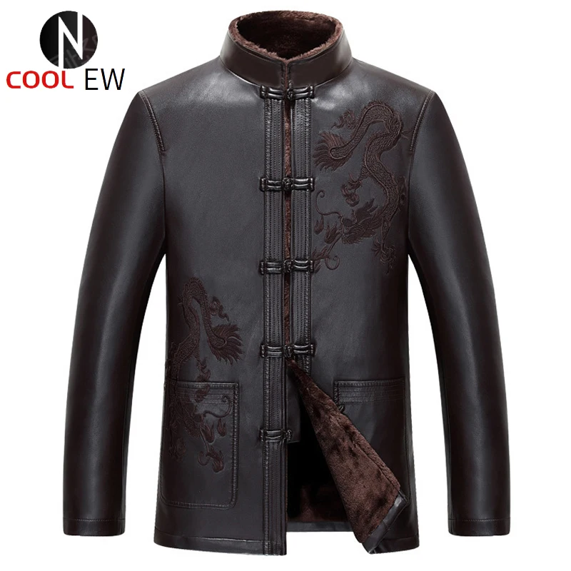 

Fashion Real Leather Mens Jackets Overseas Chinese Style Men Sheepskin Dress Suit Coat Oversize Clothes Dragon Embroidery Coats