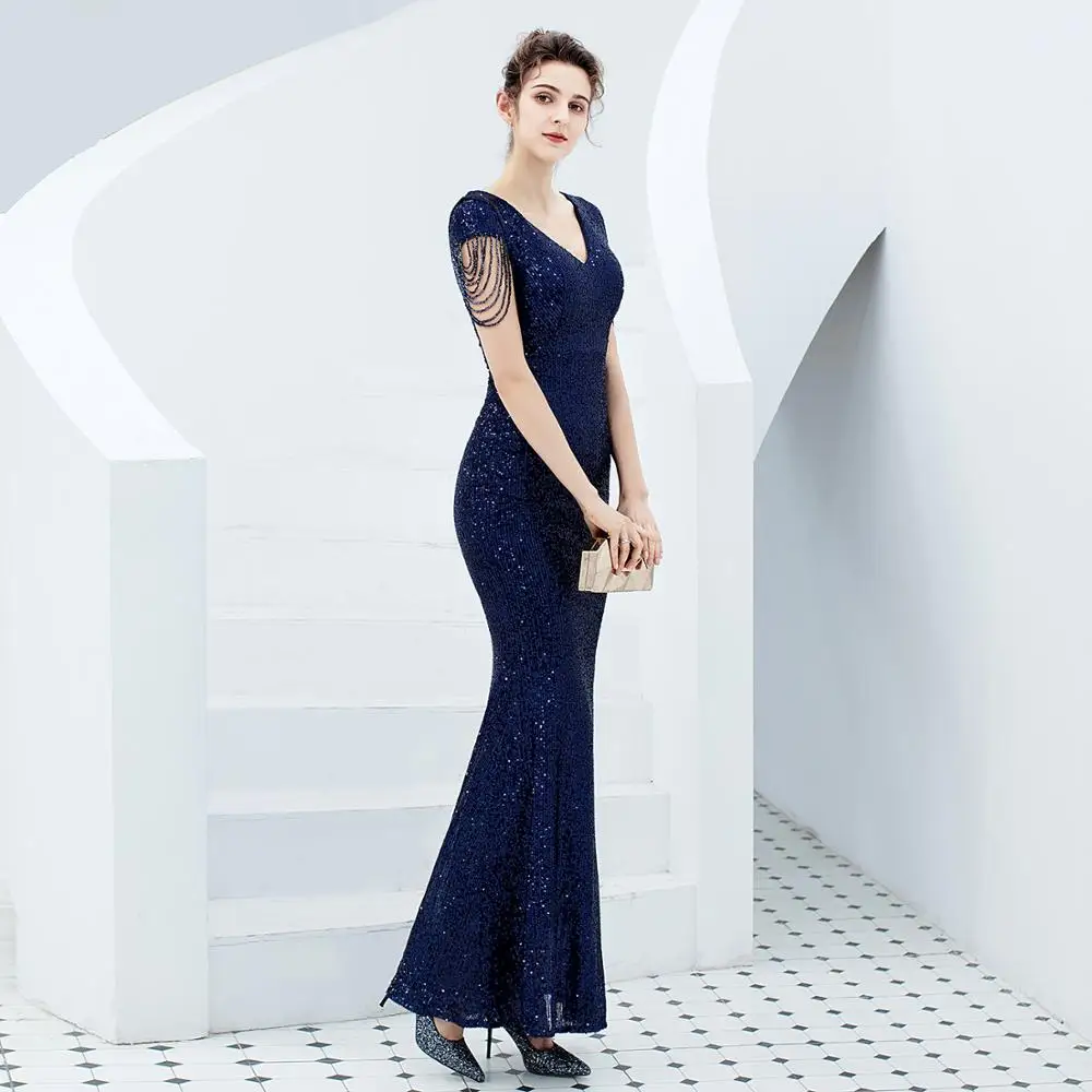 navy blue Розовое золото пикантные платья подружек невесты V образным вырезом блёстки Длинные Дешевые Свадебные гость одежда с коротким рукавом Невесты - Цвет: navy blue