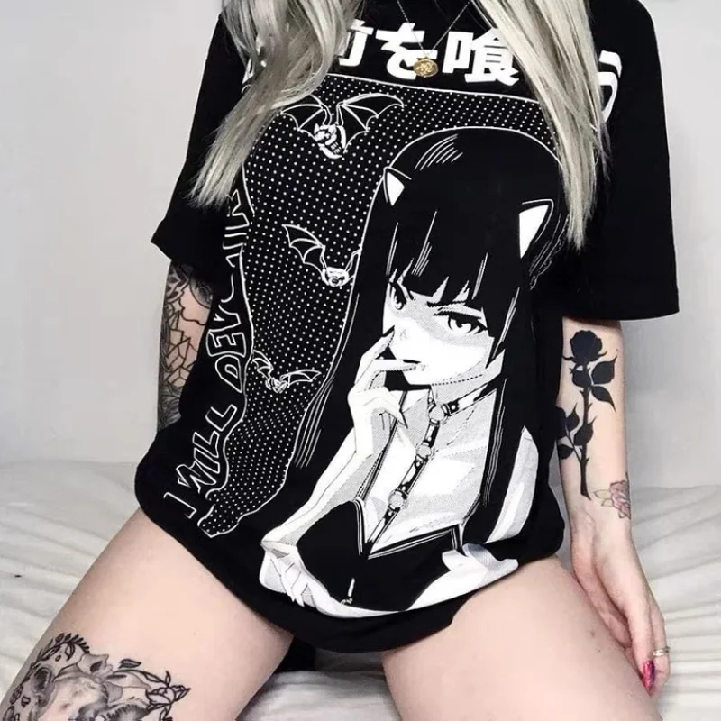 QWEEK Japan Style Grunge E Girl Top Mujer Anime Print T-Shirts Women Black Goth Graphic Tees 2021 Summer Alt Clothes Punk Chic