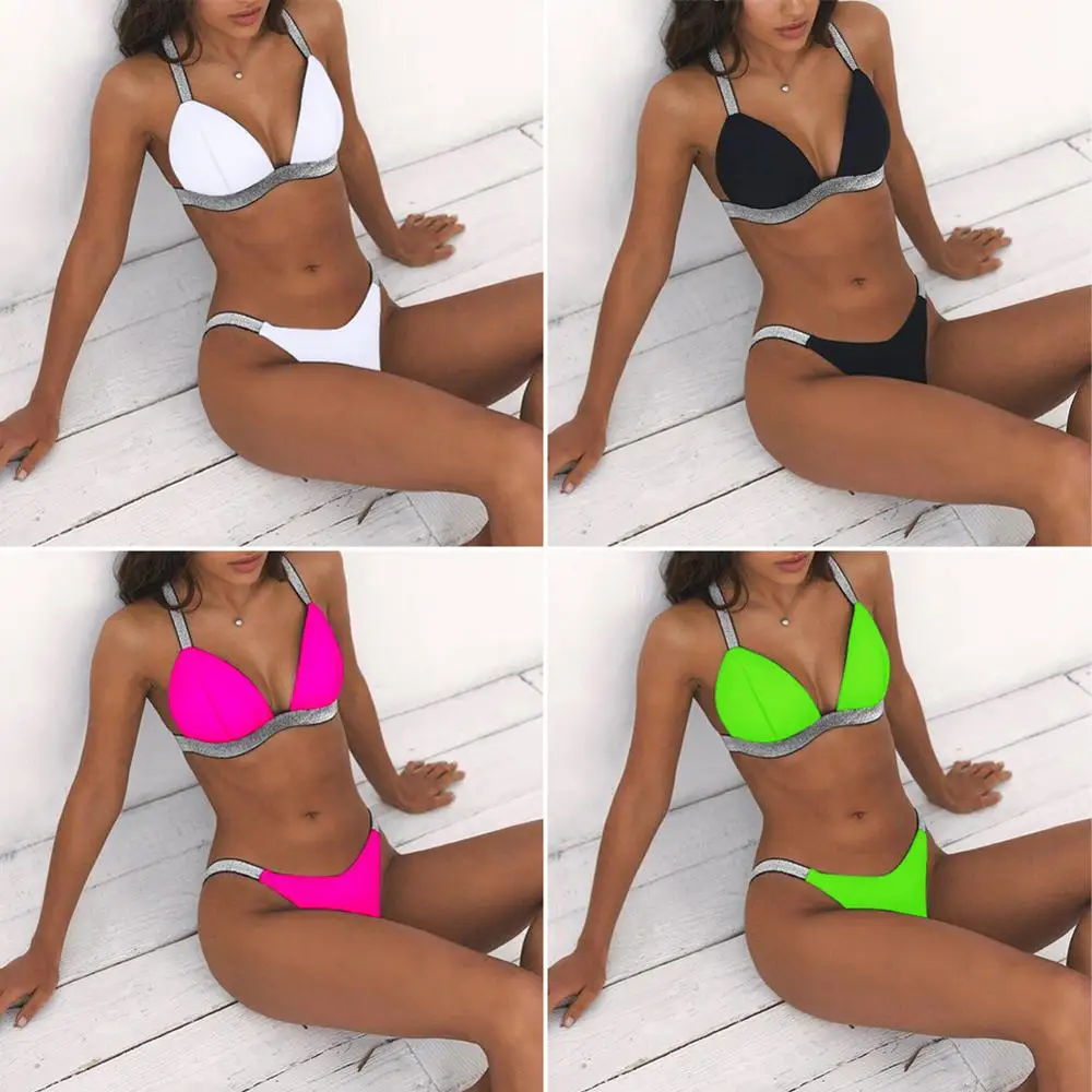 

Sparkling High Waist Bikini Female Swimsuit 2020 Two-pieces Bandage Solid High Quality Swimwear Women Bathing Suit Beachwear