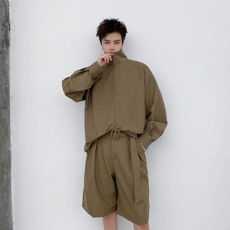 

M-XL!Spring and autumn zipper stand-up collar loose hedging long-sleeved shirt shorts two-piece fashion male Japanese casual sui