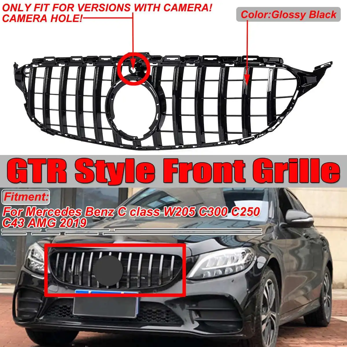 Передняя решетка для автомобиля GTR GT W205 с камерой Mercedes Benz C Class C300 C250 C43 Для AMG
