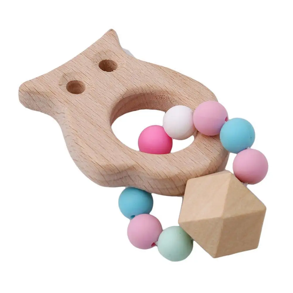 Baby Teething Toy Wooden Animal Moon Shaped Bracelet Silicone Beads Rattle Baby Teething Toy Baby Stroller Accessories
