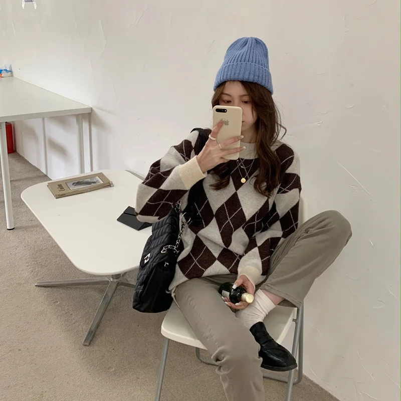 

HKCP Casual Fashion Women Sweater O-Neck Office Lady Full Long Sleeve Regular Pullovers Argyle Women Clothes Winter 2020 New