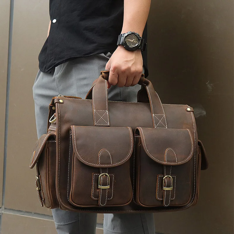 Vintage Men's Briefcase Genuine Cowhide Leather 15&quot PC Laptop Bag Crazy Horse Business Messenger Work Tote for man | Багаж и сумки