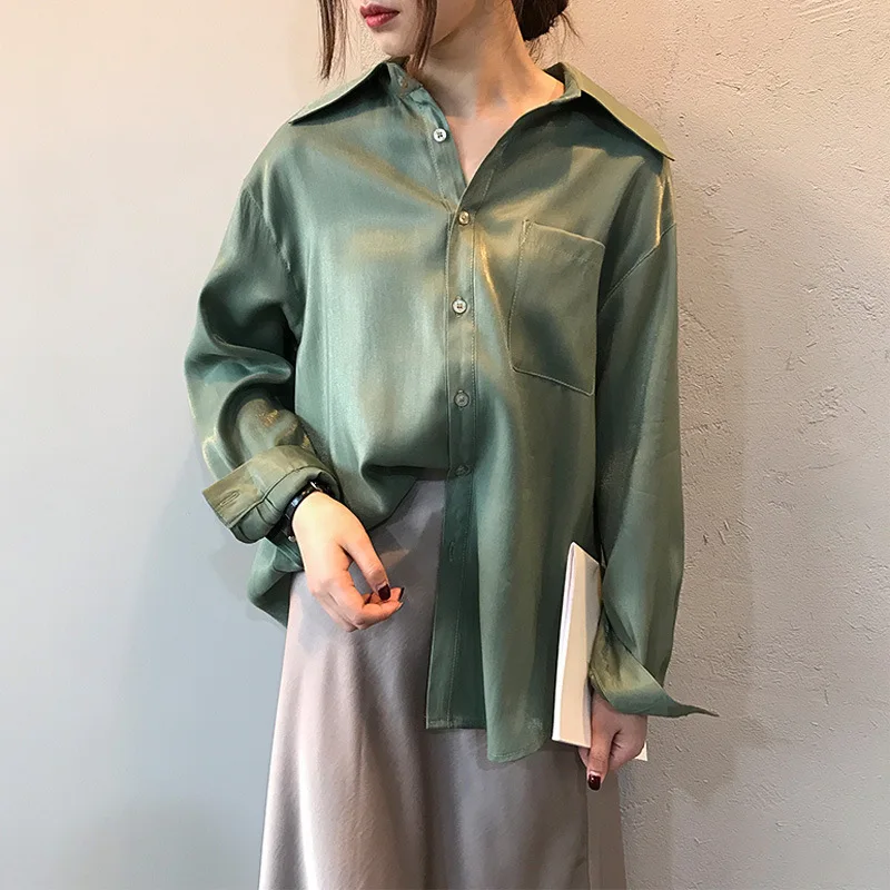 

2021 spring women's fashion shirt women's solid color loose casual slimming satin light feeling shirt