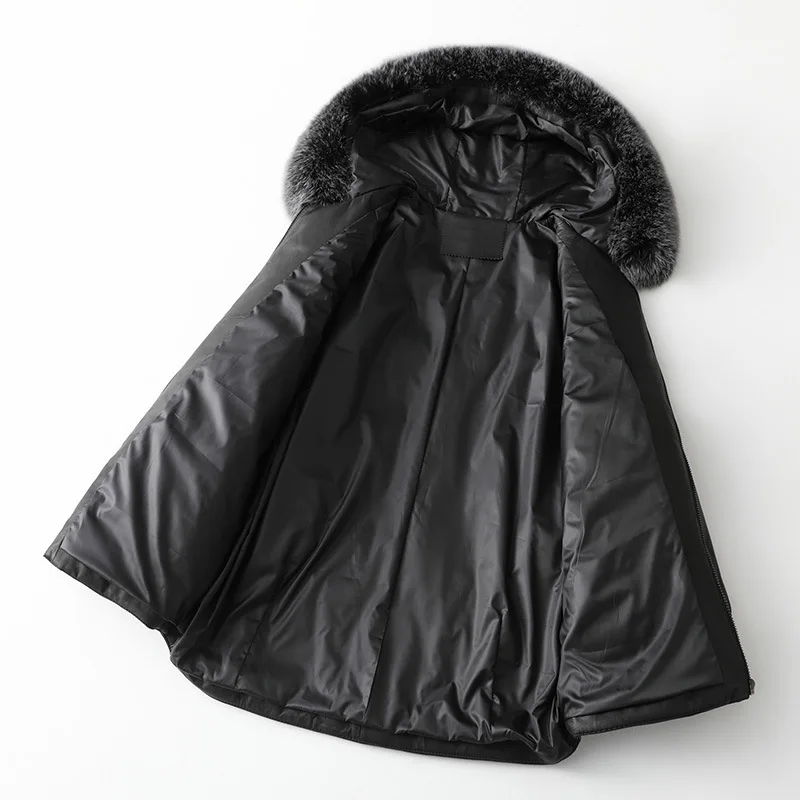Autumn Formal New Mid-Length Sheep Skin Down Jacket Winter Black Loose Fox Fur Hooded Zipper Woman Coat with Pockets