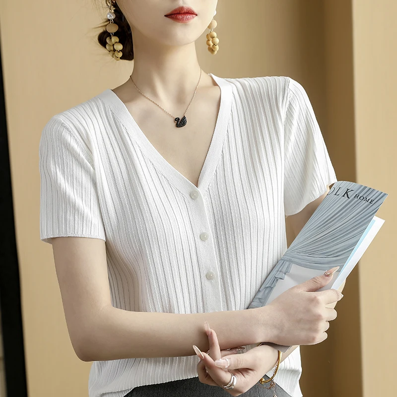 

Ice Silk Short Sleeve Cardigan Women 's V-neck Thin Knitted Coat Slim T-shirt Top 2021 Spring and Summer Cardigan