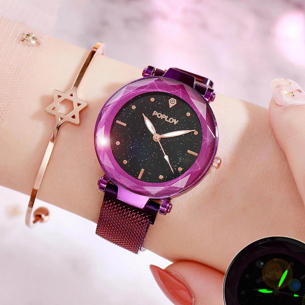 Звездное небо женские кварцевые часы 2019 светящаяся огранка камня цветок